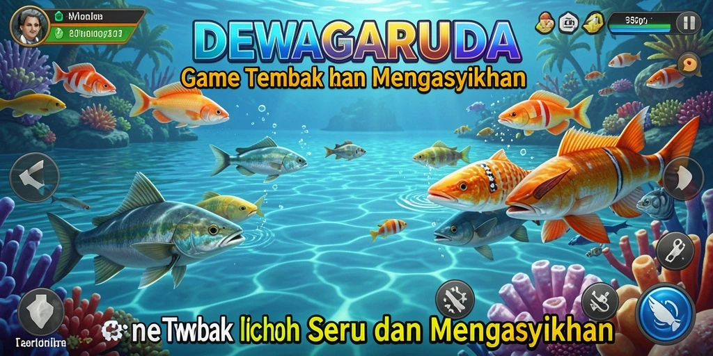 Menampilkan gameplay seru Tembak Ikan di DEWAGARUDA.