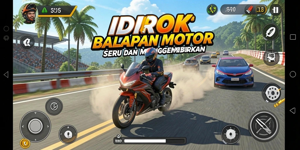 Screenshot gameplay IDROK menampilkan aksi balapan motor yang mendebarkan.
