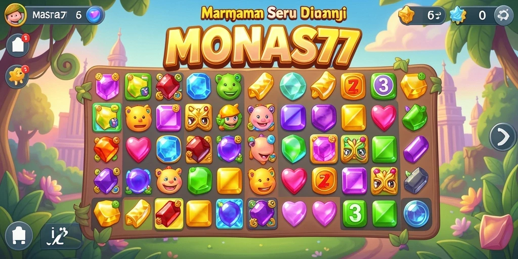Tangkapan layar utama MONAS77 menampilkan gameplay Match-3 yang menarik.
