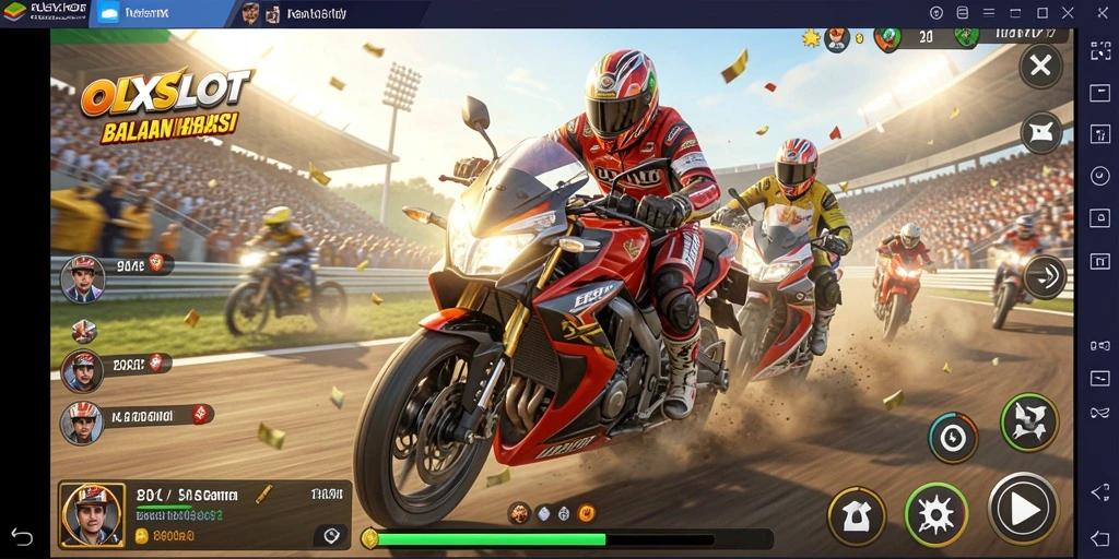 Screenshot gameplay OLXSLOT yang menunjukkan aksi balapan motor seru.